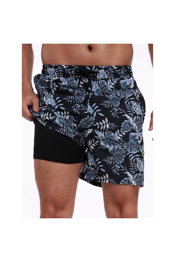 Mens Swim Trunks 2 in 1 Swim Shorts with Compression Liner Quick Dry Swimsuits Bathing Suits Stretch Swimming Board Shorts Beach Swimwear with Zipper Pockets