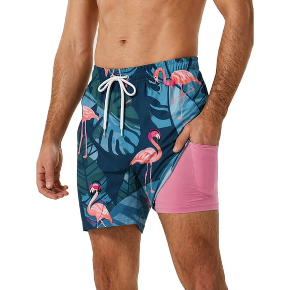 DAKIMOE Mens Swim Trunks 2 in 1 Swim Shorts with Compression Liner Quick Dry Swimsuits Bathing Suits Stretch Swimming Board Shorts Hawaiian Beach Swimwear with Zipper Pockets