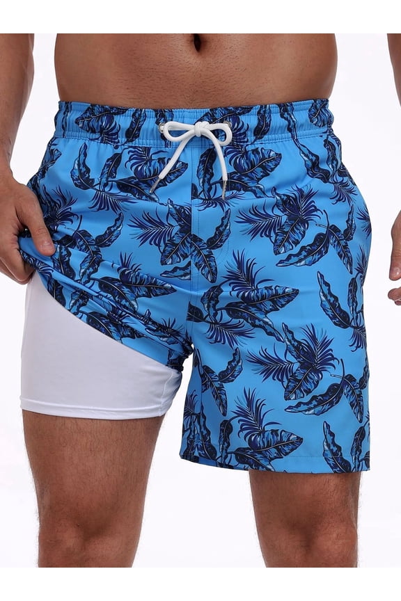 Mens Swim Trunks 2 in 1 Swim Shorts with Compression Liner Quick Dry Swimsuits Bathing Suits Stretch Swimming Board Shorts Beach Swimwear with Zipper Pockets
