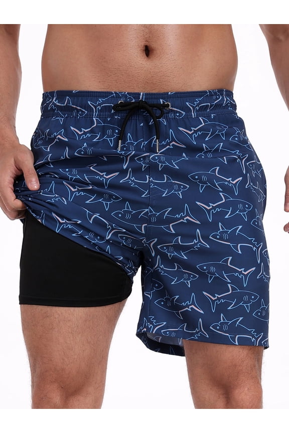 Mens Swim Trunks 2 in 1 Swim Shorts with Compression Liner Quick Dry Swimsuits Bathing Suits Stretch Swimming Board Shorts Beach Swimwear with Zipper Pockets