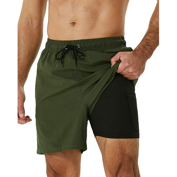 DAKIMOE Mens Swim Trunks Stretch Water Beach Shorts with Compression Liner 2 in 1 Quick-Dry Swimming Shorts with Zipper Pockets, Army Green, L