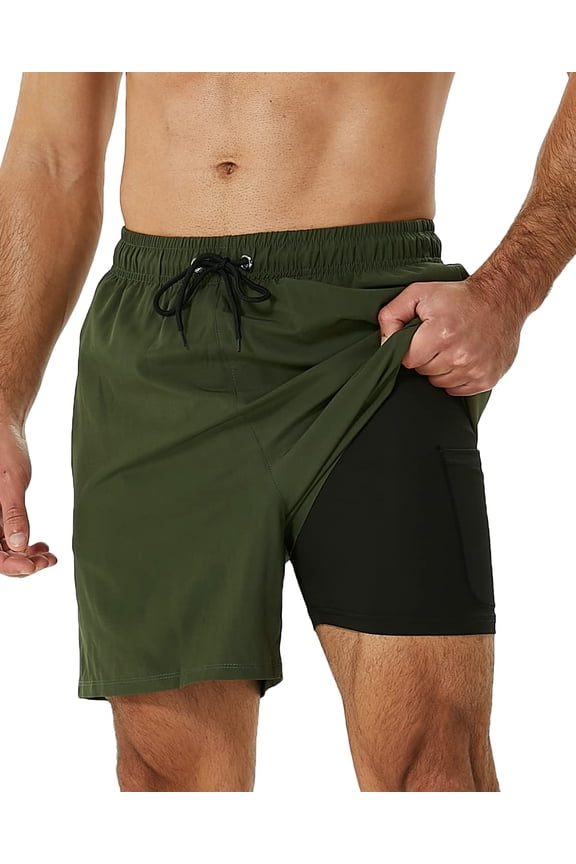 Mens Swim Trunks Stretch Water Beach Shorts with Compression Liner 2 in 1 Quick-Dry Swimming Shorts with Zipper Pockets, Army Green, XL