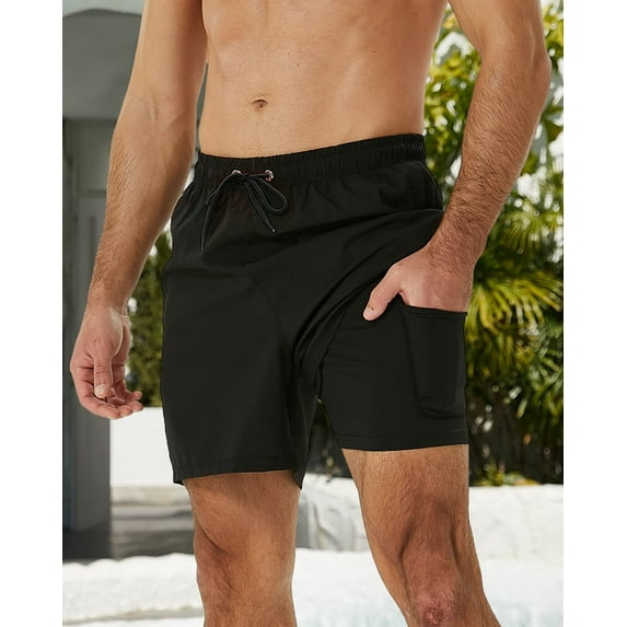 DAKIMOE Mens Swim Trunks Stretch Water Beach Shorts with Compression Liner 2 in 1 Quick-Dry Swimming Shorts with Zipper Pockets, Black, M