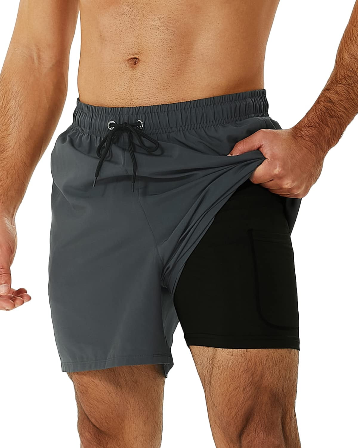 DAKIMOE Mens Swim Trunks Stretch Water Beach Shorts with Compression Liner 2 in 1 Quick Dry Swimming Shorts with Zipper Pockets Gray L