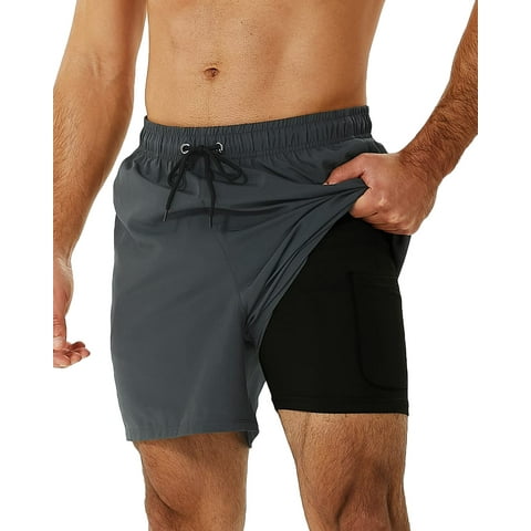 Mens Swim Trunks Stretch Water Beach Shorts with Compression Liner 2 in 1 Quick-Dry Swimming Shorts with Zipper Pockets, Gray, L