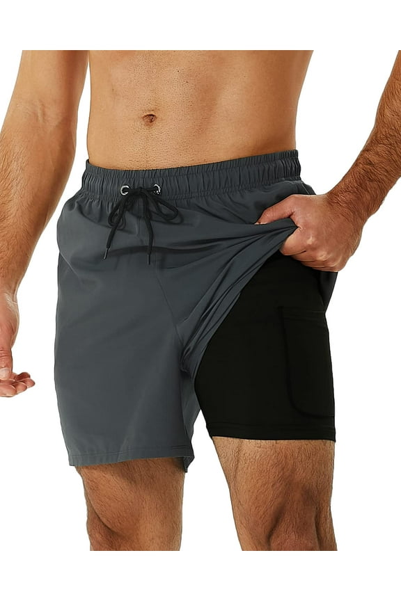 Mens Swim Trunks Stretch Water Beach Shorts with Compression Liner 2 in 1 Quick-Dry Swimming Shorts with Zipper Pockets, Gray, L