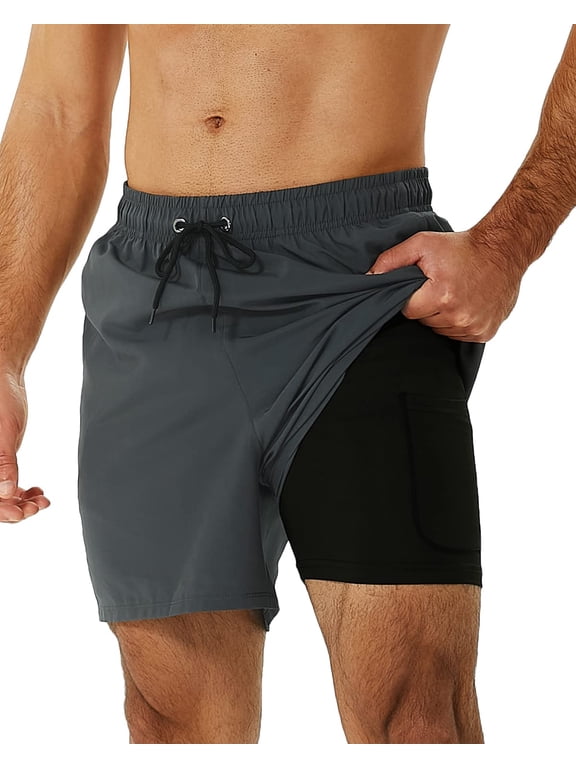 Mens Swim Trunks Stretch Water Beach Shorts with Compression Liner 2 in 1 Quick-Dry Swimming Shorts with Zipper Pockets, Gray, M
