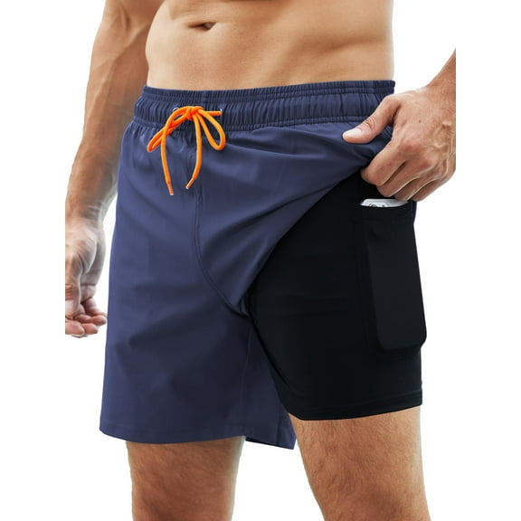 DAKIMOE Mens Swim Trunks Stretch Water Beach Shorts with Compression Liner 2 in 1 Quick-Dry Swimming Shorts with Zipper Pockets, Navy, M