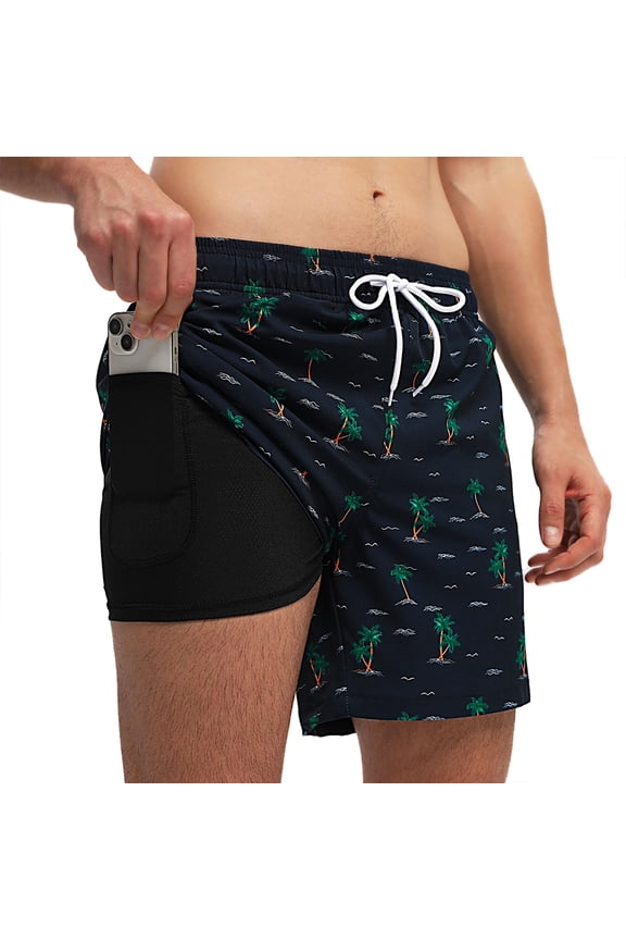 Mens Swim Trunks Stretch Water Beach Shorts with Compression Liner 2 in 1 Quick-Dry Swimming Shorts with Zipper Pockets, Navy_coconut Tree, L
