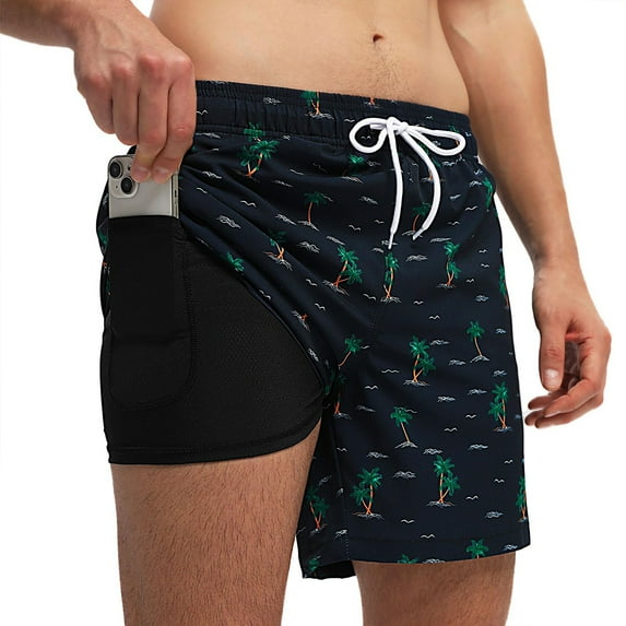 DAKIMOE Mens Swim Trunks Stretch Water Beach Shorts with Compression Liner 2 in 1 Quick-Dry Swimming Shorts with Zipper Pockets, Navy_coconut Tree, M