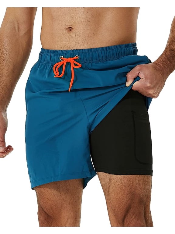 Mens Swim Trunks Stretch Water Beach Shorts with Compression Liner 2 in 1 Quick-Dry Swimming Shorts with Zipper Pockets, Peacock Blue, L