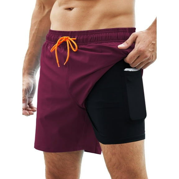 DAKIMOE Mens Swim Trunks Stretch Water Beach Shorts with Compression Liner 2 in 1 Quick-Dry Swimming Shorts with Zipper Pockets, Wine Red, L