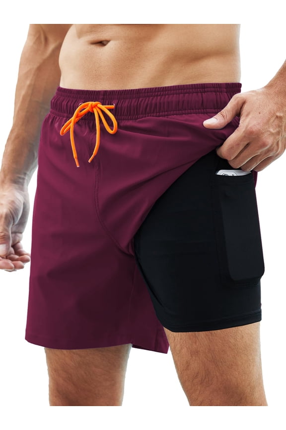 Mens Swim Trunks Stretch Water Beach Shorts with Compression Liner 2 in 1 Quick-Dry Swimming Shorts with Zipper Pockets, Wine Red, S