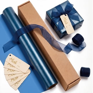 DAKIMOE Navy Wrapping Paper Roll Set - 17 in x 16.4 ft - Solid Color Pearly - Lustre Paper with 2 Organza Ribbon & 6 Tags Recyclable Gift Wrap Kit Christmas Birthday Baby Shower Wedding
