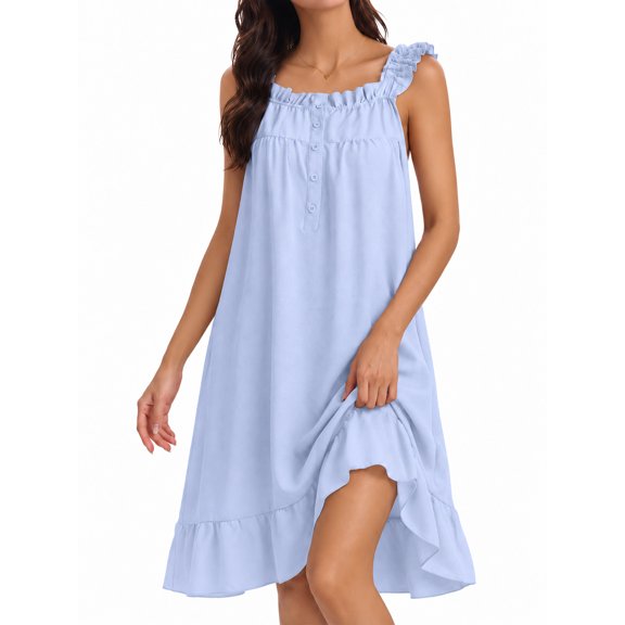 DAKIMOE Nightgowns for Women Sleeveless Cute Ruffle Tank Sleepwear Button Down Ladies Loungewear4 Casual Pajamas Dress for Bridal Wedding Party Christmas Valentines