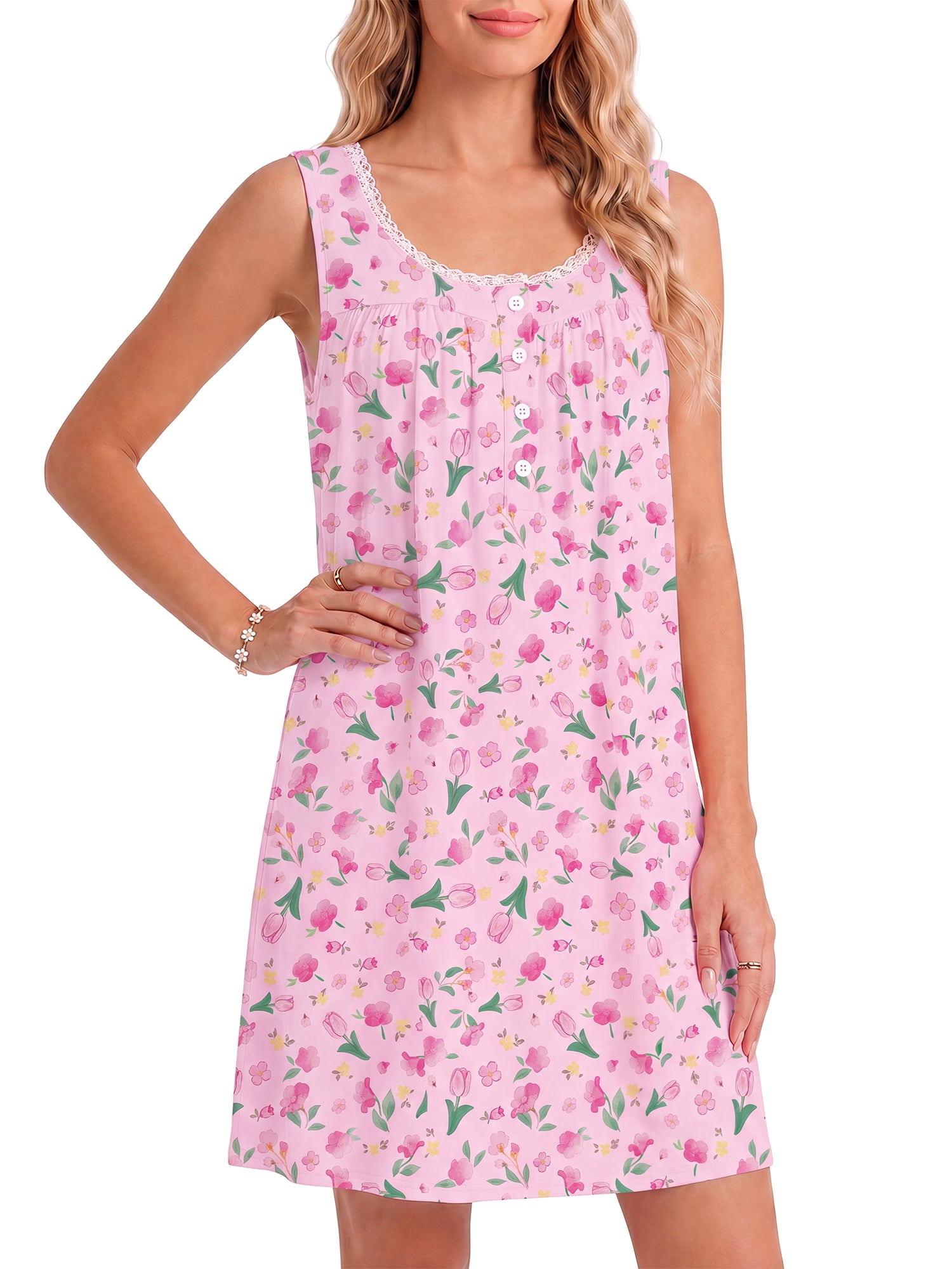 DAKIMOE Cotton Nightgowns for Women Seeveless Tank Night Gowns Lace Button Soft Print Sleep ShirtsSleep Dress House Dress with Pockets S-3XL, Floral Pink