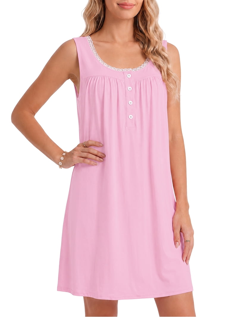 Dakimoe Cotton Nightgowns for Women Seeveless Tank Night Gowns Lace Button Soft Print Sleep ShirtsSleep Dress House Dress with Pockets S-4xl, Pink