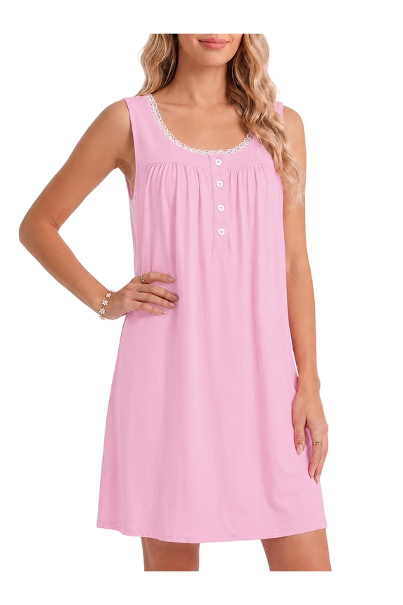 Cotton Nightgowns for Women Seeveless Tank Night Gowns Lace Button Soft Print Sleep ShirtsSleep Dress House Dress with Pockets S-6XL, Pink