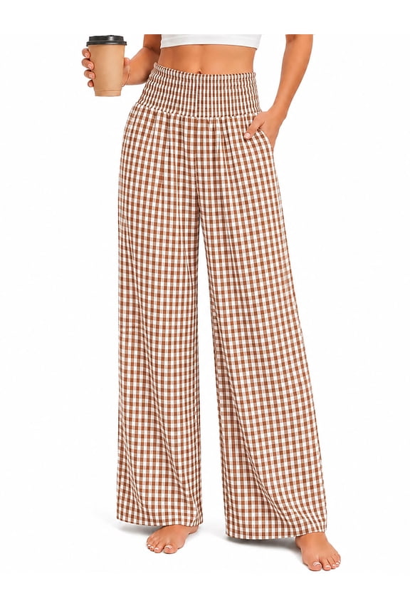 Pajama Pants Women Palazzo Pants High Waisted Gingham Plaid Lounge Pants Wide Leg PJ Bottoms for Women Valentine's Day