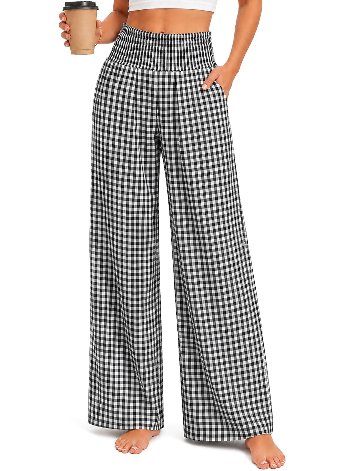 DAKIMOE Pajama Pants Women Palazzo Pants High Waisted Gingham Stripe Lounge Pants Wide Leg PJ Bottoms for Women Valentine's Day