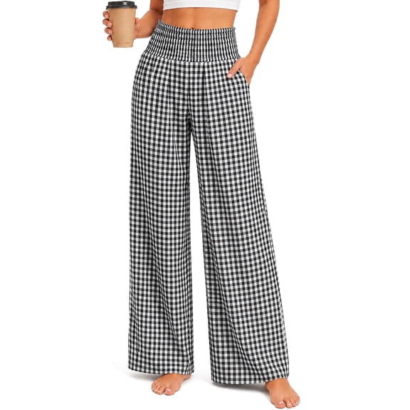 DAKIMOE Pajama Pants Women Palazzo Pants High Waisted Gingham Stripe Lounge Pants Wide Leg PJ Bottoms for Women Valentine's Day