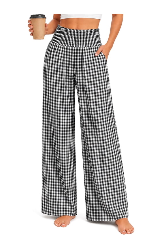 Pajama Pants Women Palazzo Pants High Waisted Gingham Stripe Lounge Pants Wide Leg PJ Bottoms for Women Valentine's Day