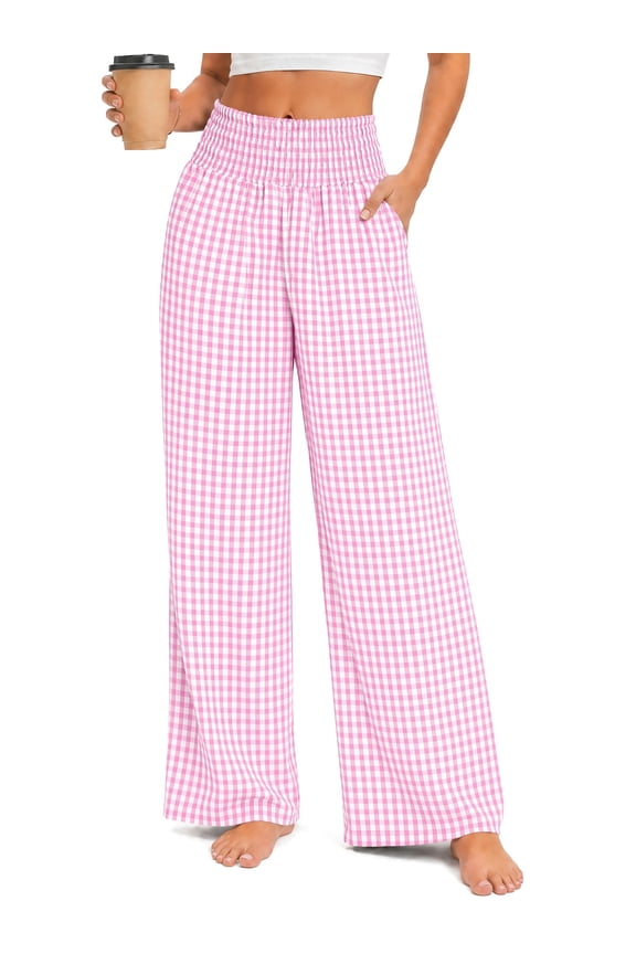 Pajama Pants Women Palazzo Pants High Waisted Gingham Plaid Lounge Pants Wide Leg PJ Bottoms for Women Valentine's Day