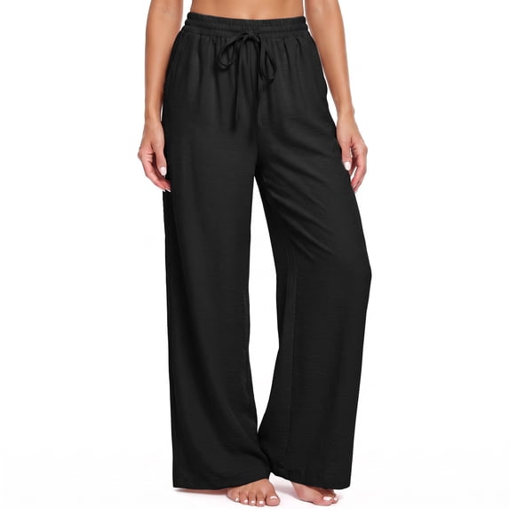 DAKIMOE Wide Leg Pants for Women, Drawstring Elastic High Waist Trousers Beach Travel Vacation Outfits, Black