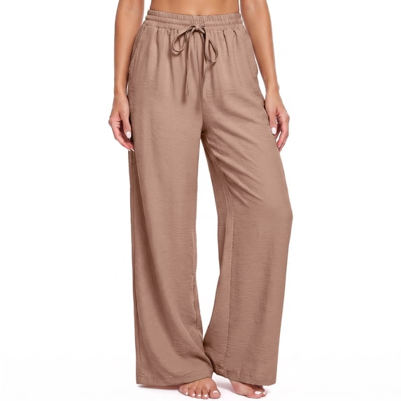 DAKIMOE Wide Leg Pants for Women, Drawstring Elastic High Waist Trousers Beach Travel Vacation Outfits, Khaki