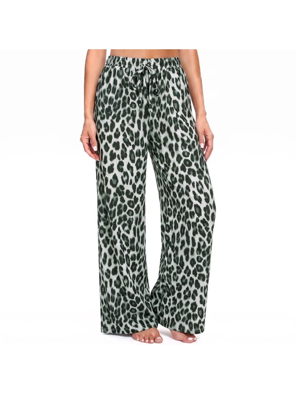 Wide Leg Pants for Women, Drawstring Elastic High Waist Trousers Beach Travel Vacation Outfits, Pattern Leopard