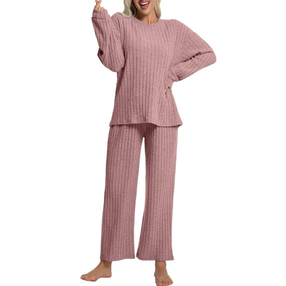 DAKIMOE Lounge Sets for Women Pajamas Long Sleeve Sleepwear Soft Nightwear 2 Piece Pjs Ribbed Knit Fall Winter Outfits Pockets, Pink, XL