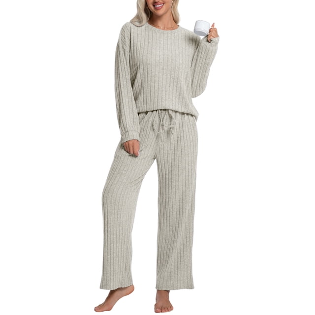 DAKIMOE Lounge Sets for Women Pajamas Long Sleeve Sleepwear Soft Nightwear 2 Piece Pjs Ribbed Knit Fall Winter Outfits Pockets, Apricot, L