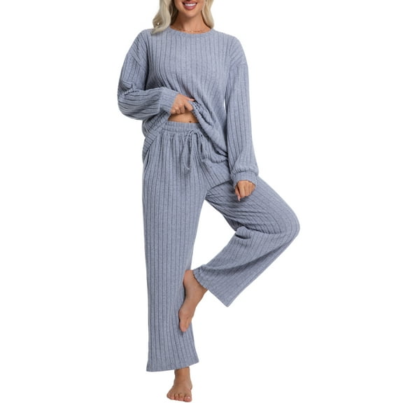 DAKIMOE Lounge Sets for Women Pajamas Long Sleeve Sleepwear Soft Nightwear 2 Piece Pjs Ribbed Knit Fall Winter Outfits Pockets, Gray Blue, XL
