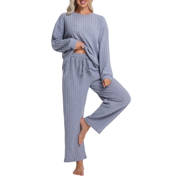 DAKIMOE Lounge Sets for Women Pajamas Long Sleeve Sleepwear Soft Nightwear 2 Piece Pjs Ribbed Knit Fall Winter Outfits Pockets, Gray Blue, XXL