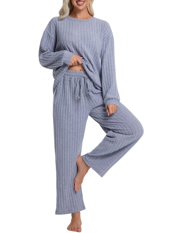 Lounge Sets for Women Pajamas Long Sleeve Sleepwear Soft Nightwear 2 Piece Pjs Ribbed Knit Fall Winter Outfits Pockets, Gray Blue, XXL