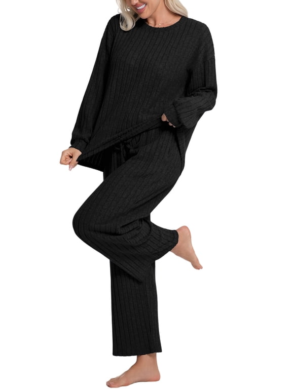 Lounge Sets for Women Pajamas Long Sleeve Sleepwear Soft Nightwear 2 Piece Pjs Ribbed Knit Fall Winter Outfits Pockets, Black, XL