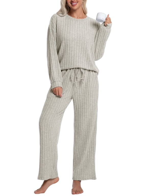Lounge Sets for Women Pajamas Long Sleeve Sleepwear Soft Nightwear 2 Piece Pjs Ribbed Knit Fall Winter Outfits Pockets, Apricot, L