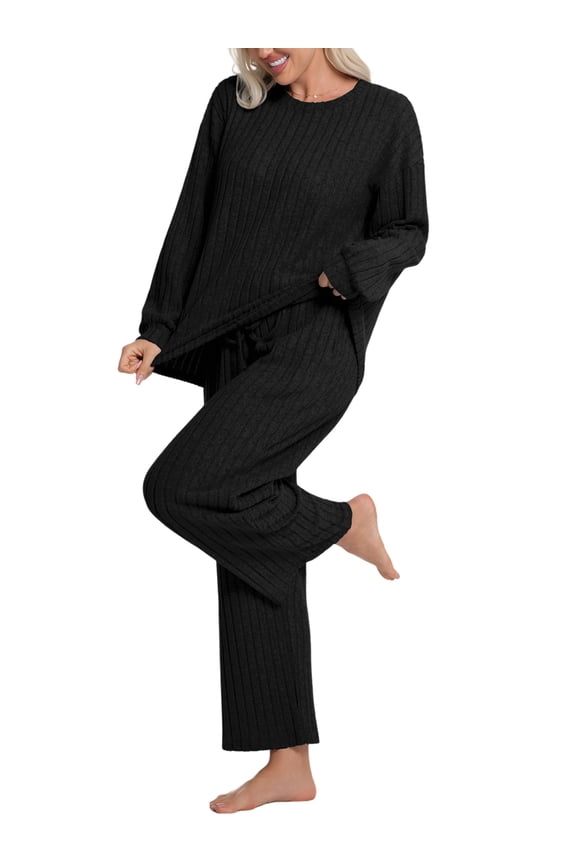 Lounge Sets for Women Pajamas Long Sleeve Sleepwear Soft Nightwear 2 Piece Pjs Ribbed Knit Fall Winter Outfits Pockets, Black, L