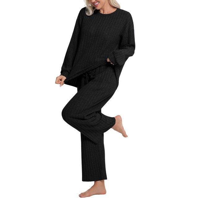 DAKIMOE Lounge Sets for Women Pajamas Long Sleeve Sleepwear Soft Nightwear 2 Piece Pjs Ribbed Knit Fall Winter Outfits Pockets, Black, S