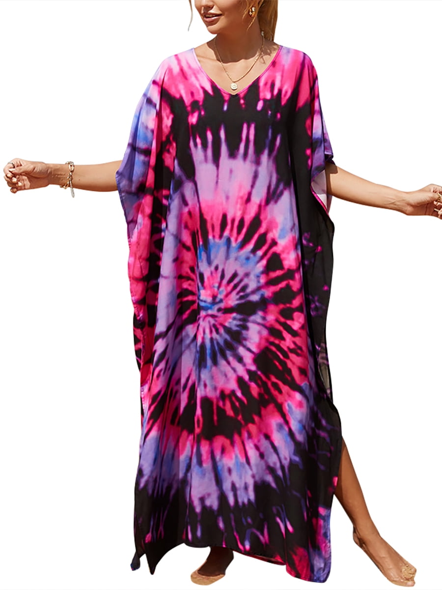 DAKIMOE Plus Swimsuit Cover Up for Women Printed Beach Bathing Suit Cover Up Colorful Caftan ...