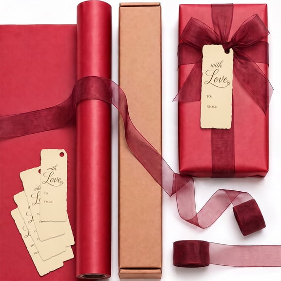 DAKIMOE Red Wrapping Paper Roll Set - 17 in x 16.4 ft - Solid Color Pearly - Lustre Paper with 2 Organza Ribbon & 6 Tags Recyclable Gift Wrap Kit Christmas Birthday Baby Shower Wedding
