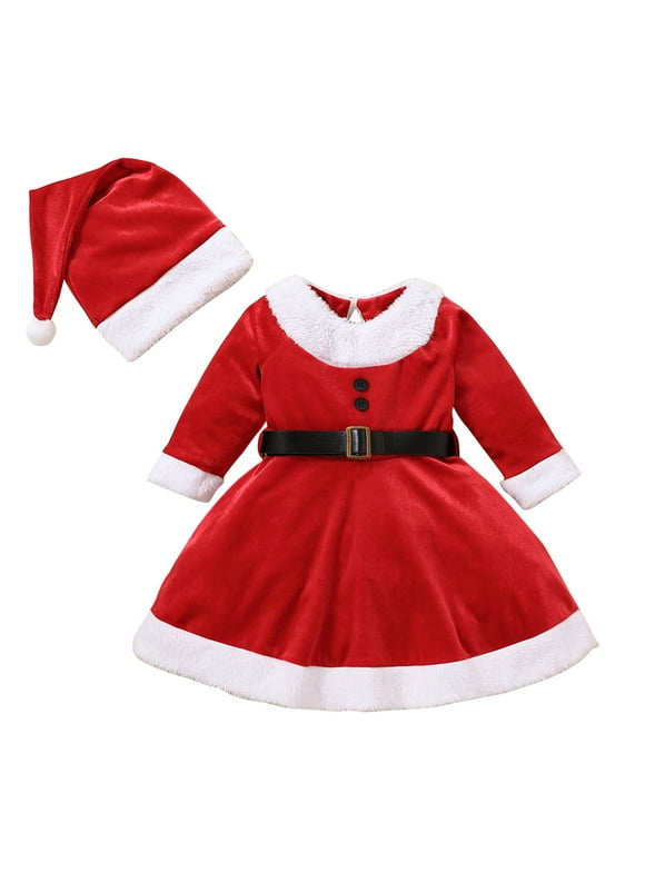 DAKIMOE Santa Claus Costume for Kids Christmas Dress Outfit for Girls Santa Claus Costume with Santa Hat Suit Holiday Toddler Christmas Costume for Kids, 9-12M