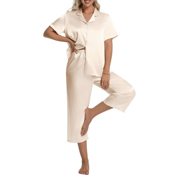DAKIMOE Silk Satin Pajama Set for Women Capri Pajamas Short Sleeve Button Down Two Piece Pjs Sleepwear Soft Loungewear Nightwear