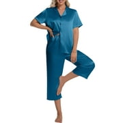 DAKIMOE Silk Satin Pajama Set for Women Capri Pajamas Short Sleeve Button Down Two Piece Pjs Sleepwear Soft Loungewear Nightwear