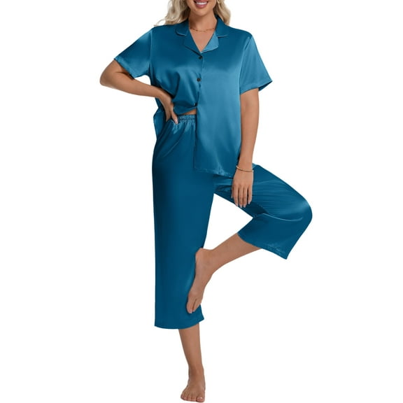 DAKIMOE Silk Satin Pajama Set for Women Capri Pajamas Short Sleeve Button Down Two Piece Pjs Sleepwear Soft Loungewear Nightwear