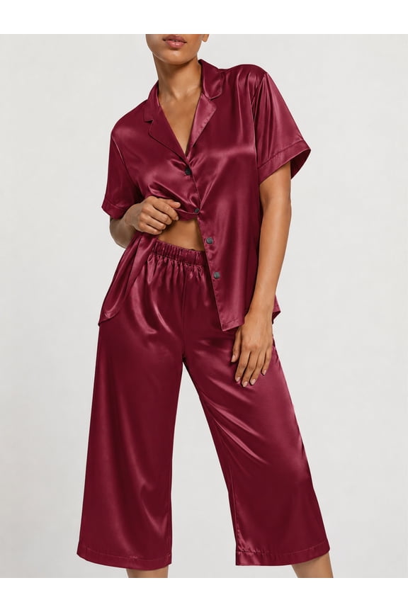 Silk Satin Pajama Set for Women Capri Pajamas Short Sleeve Button Down Two Piece Pjs Sleepwear Soft Loungewear Nightwear