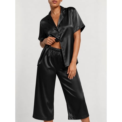 Silk Satin Pajama Set for Women Capri Pajamas Short Sleeve Button Down Two Piece Pjs Sleepwear Soft Loungewear Nightwear