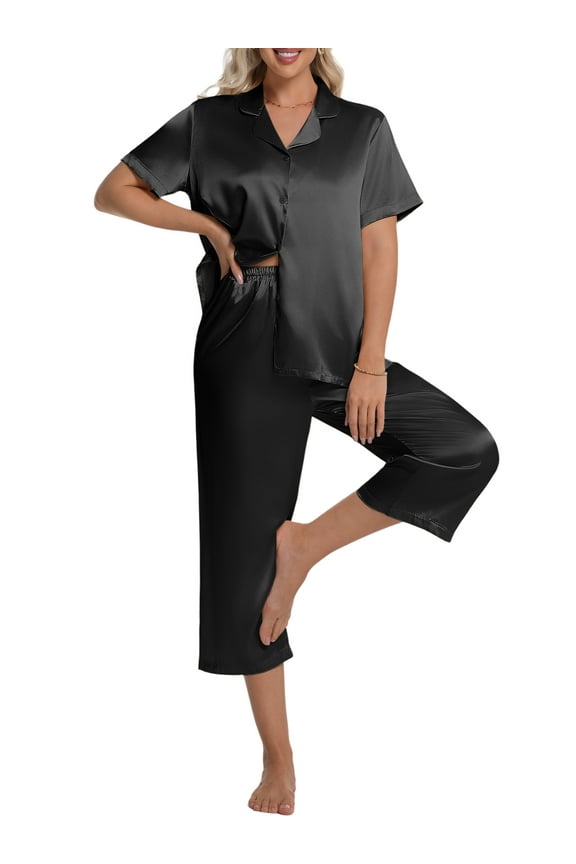 Silk Satin Pajama Set for Women Capri Pajamas Short Sleeve Button Down Two Piece Pjs Sleepwear Soft Loungewear Nightwear