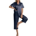 thumbnail image 1 of DAKIMOE Silk Satin Pajama Set for Women Capri Pajamas Short Sleeve Button Down Two Piece Pjs Sleepwear Soft Loungewear Nightwear, 1 of 8