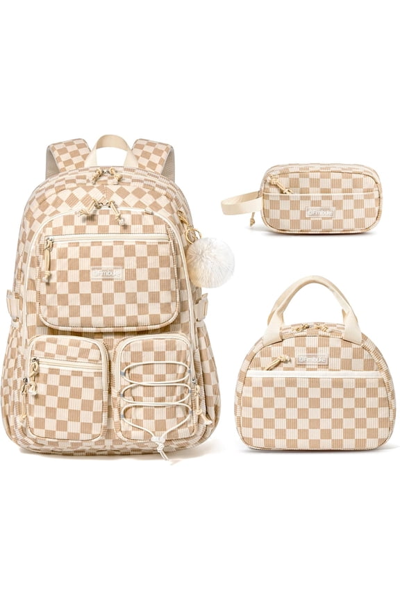 School Backpack 3 Sets for Kids Girls Corduroy Backpack with Lunch Bag & Pencil Pouch for Teen Kid Laptop Backpack for Women Elementary Middle High School Bookbag Travel Daypack